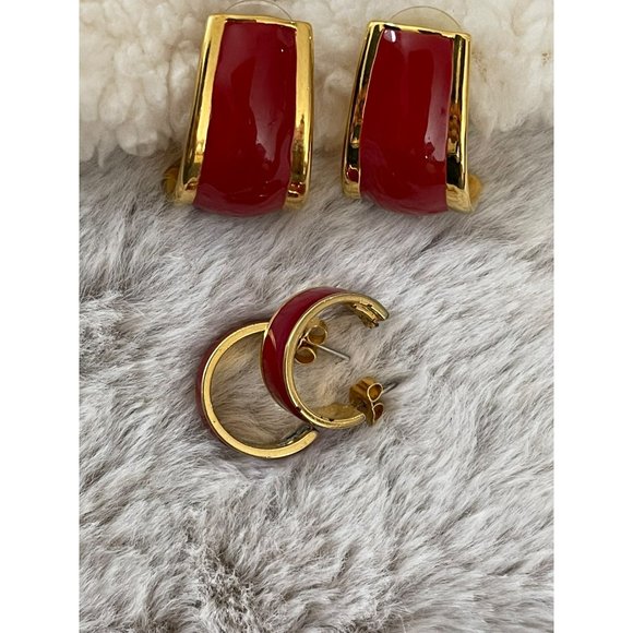Vintage Avon Gold Tone Red Enamel Semi-Hoop Earrings - 2 Pairs - Picture 3 of 12